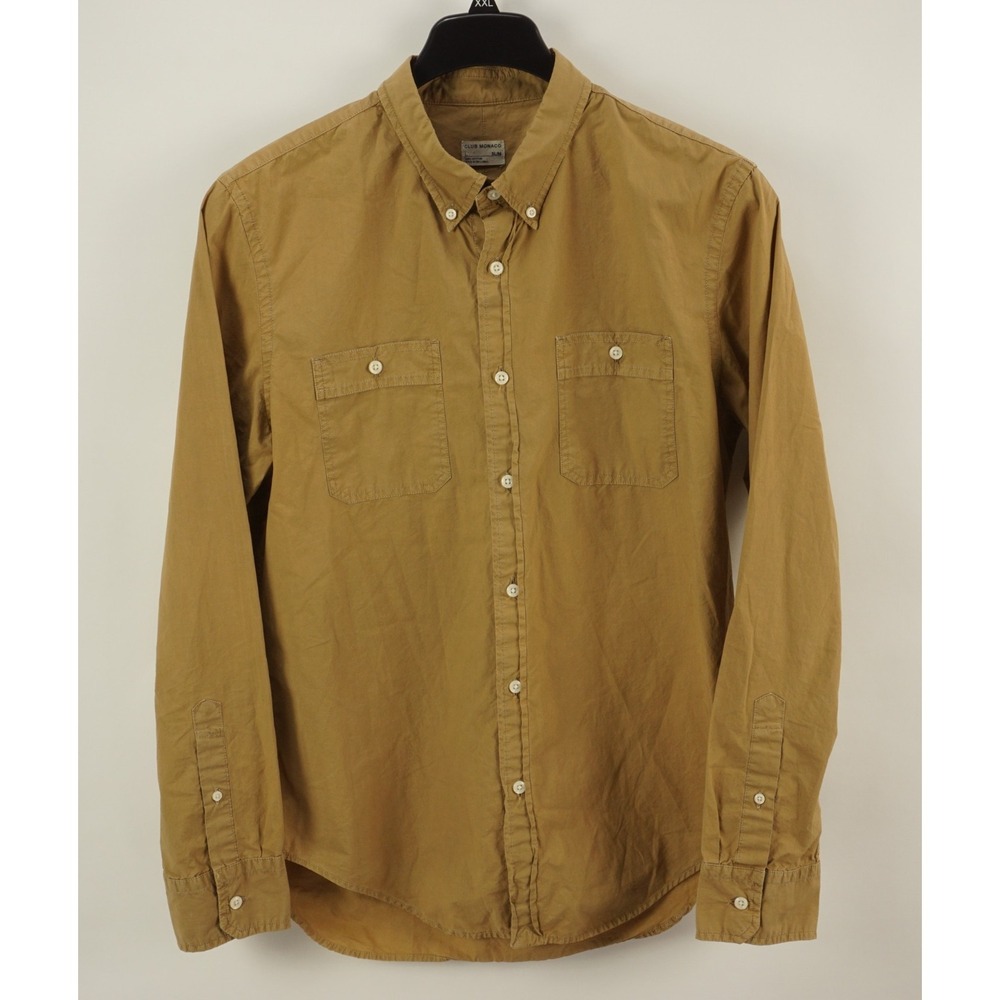 Club Monaco Men's Large Slim Fit‎ Tan Poplin Cotton Utility Button Down Shirt